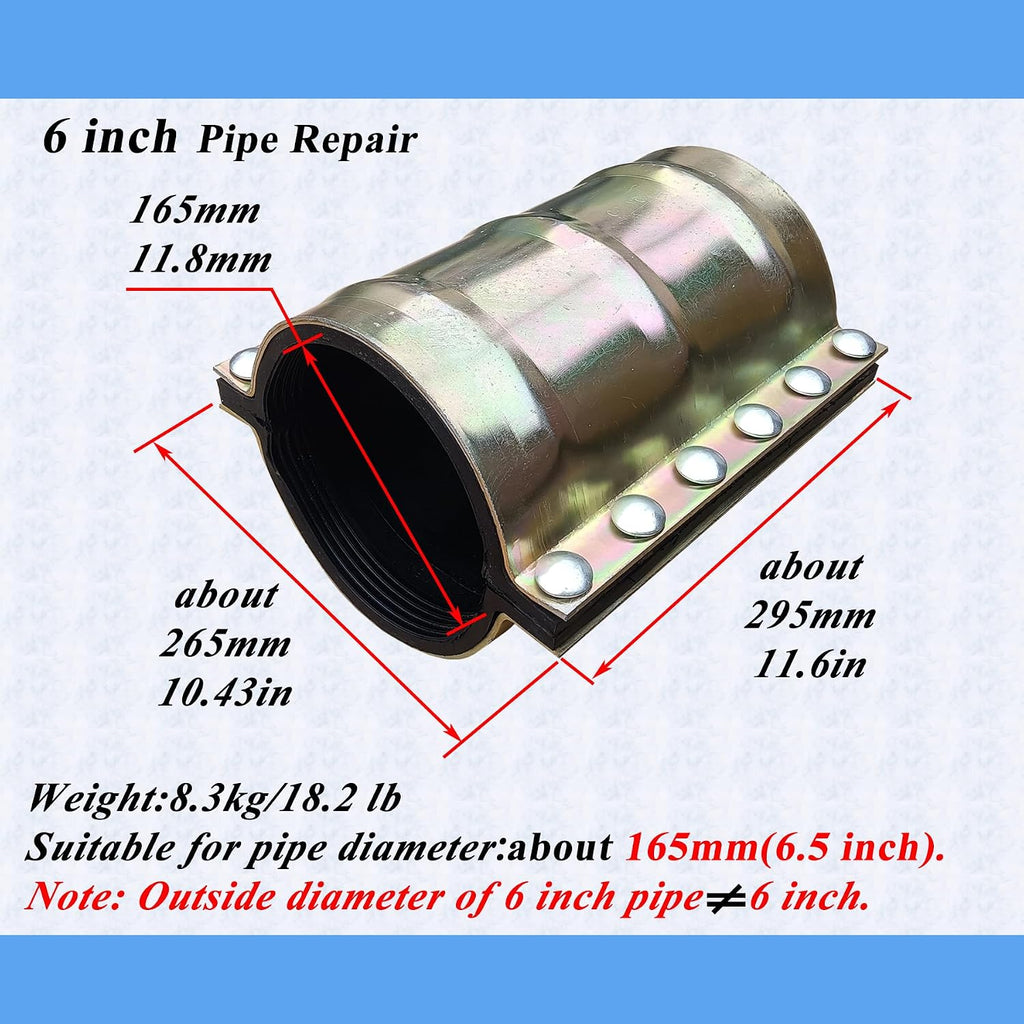 Water Pipe Repair Clamp for 6 inch Pipe(OD of The Applicable Pipe is About 6.5 inch),Leak Sealer for Pipes and Plumbing,Length 11.6 inch,Suitable for PE,PPR,Iron and Steel Pipes