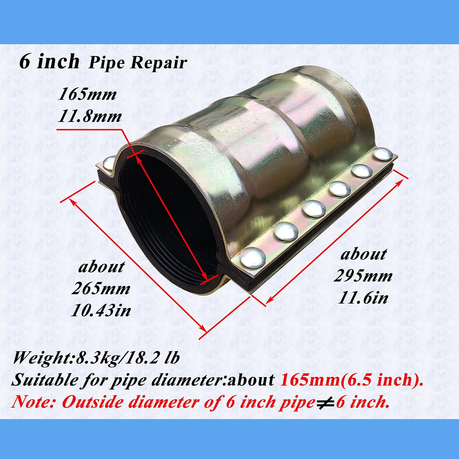 Water Pipe Repair Clamp for 6 inch Pipe(OD of The Applicable Pipe is About 6.5 inch),Leak Sealer for Pipes and Plumbing,Length 11.6 inch,Suitable for PE,PPR,Iron and Steel Pipes