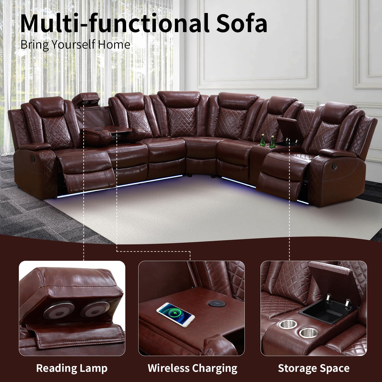 Power Recliner Sofa Sectional Couch with LED Light for Living Room,Leather Reclining Corner Sectional Sofa with 2 Recliner Seats,Cup Holder,Storage Console for House/Home Theater, Wine