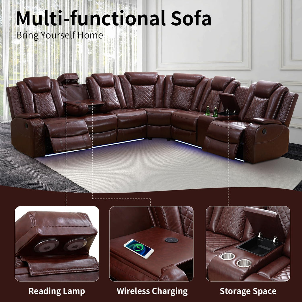 Power Recliner Sofa Sectional Couch with LED Light for Living Room,Leather Reclining Corner Sectional Sofa Set with 3 Recliner Seats,Cup Holder,Storage Console for House/Home Theater, Wine
