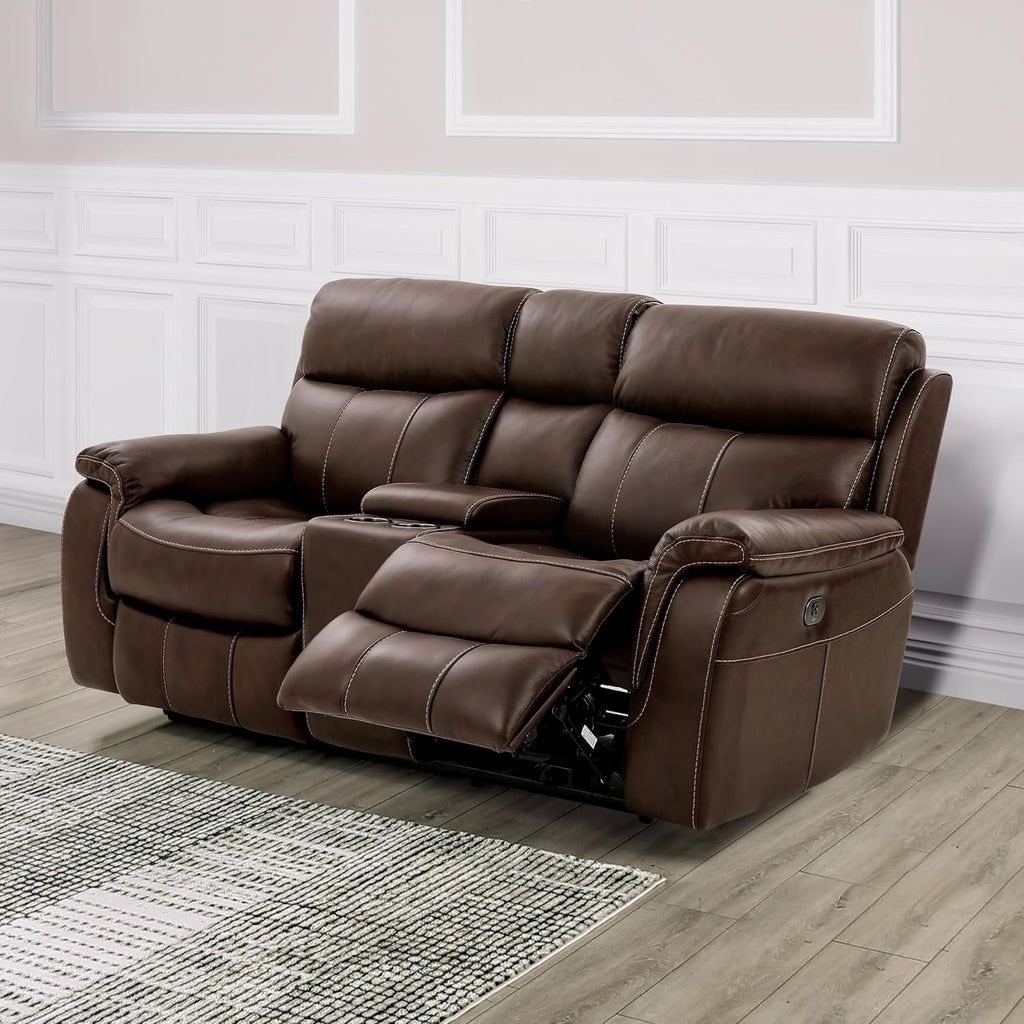 Furniture of America Corrals 77 inches Top Grain Leather Upholstered 2-Seater Power Recliner Loveseat with Cupholders and USB Port for Living Room, Home Office, Brown