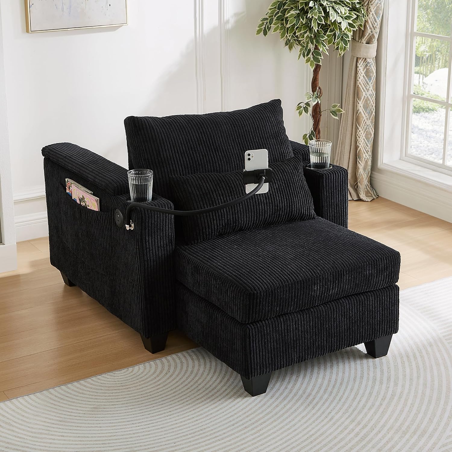 Merax Modern 37.4' Convertible Chaise Lounge with USB Ports, Phone & Cup Holders, Corduroy Upholstered Sleeper Sofa Bed, Recliner Chair w/Pillows for Living Room Bedroom,Black