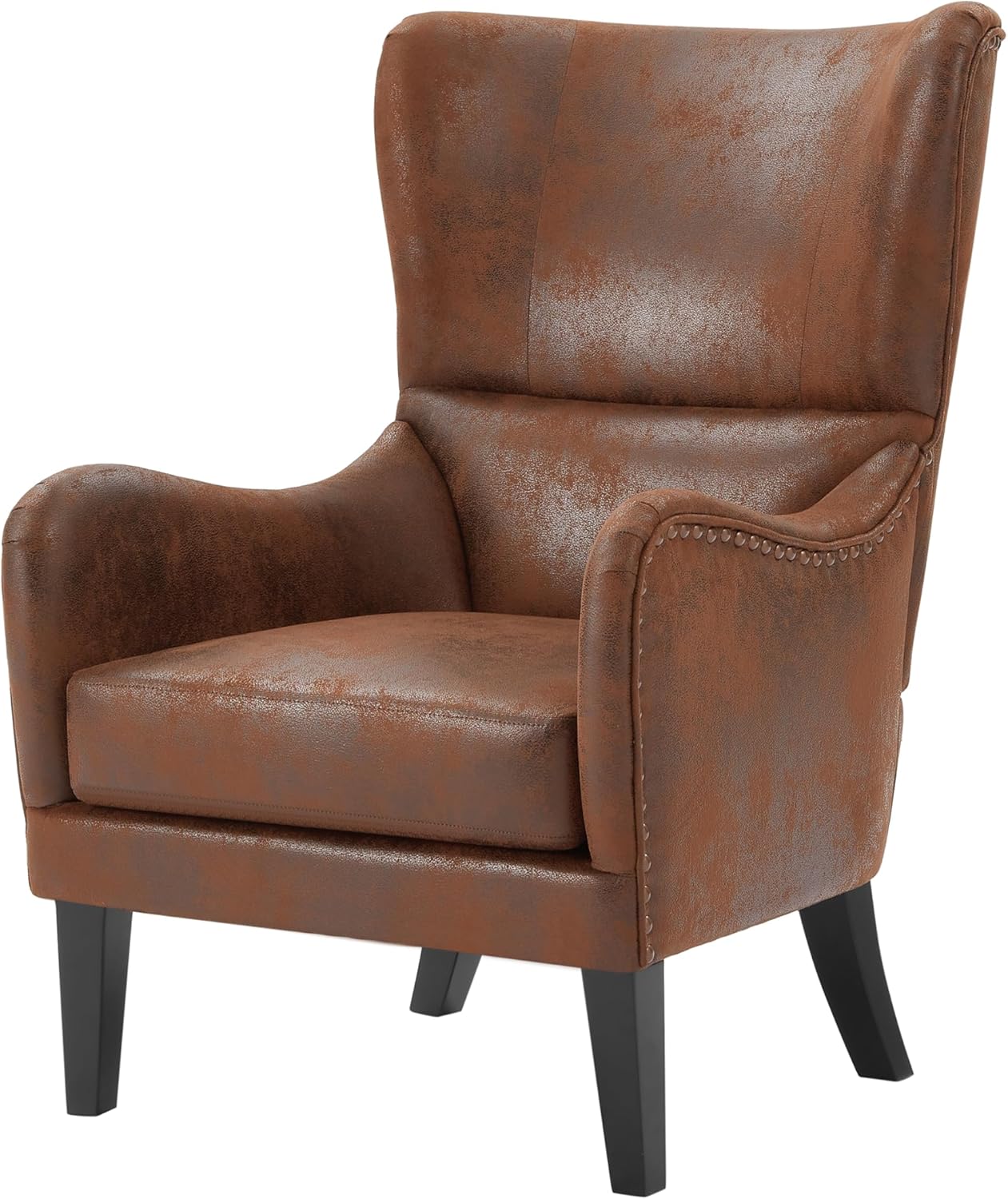 Christopher Knight Home Elber Mid-Century Modern Wingback Accent Chair, Faux Suede Upholstered Club Chair with Cushion, Wooden Living Room Lounge Chair for Reading, Relaxation, Brown