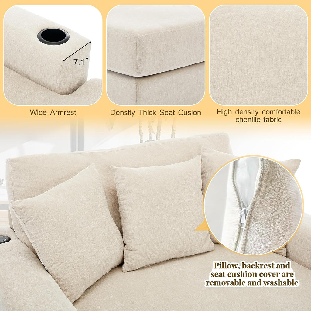 Merax Modern 55' Chaise Lounge with Pillow, Charge Station & Cup Holders,Upholstered Sofa Recliner Chair for Living Room Bedroom Cream