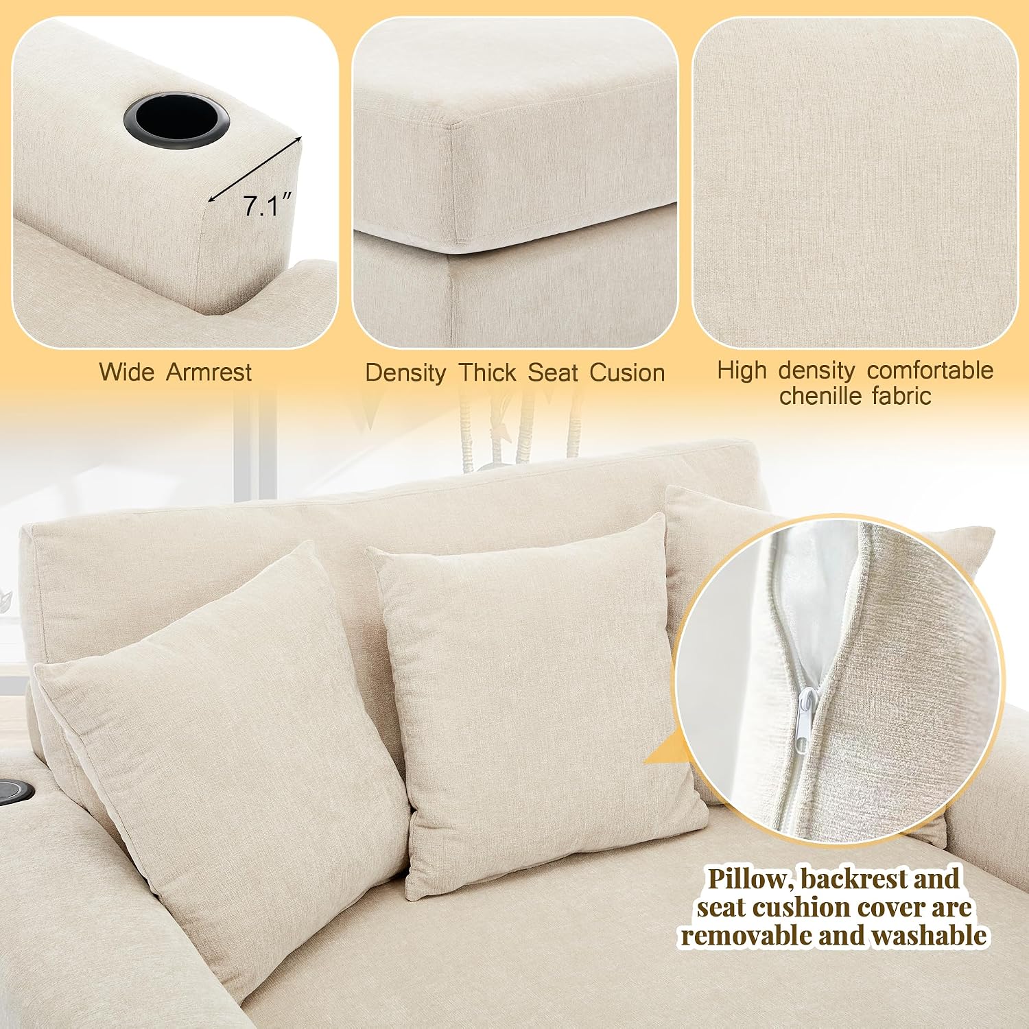 Merax Modern 55' Chaise Lounge with Pillow, Charge Station & Cup Holders,Upholstered Sofa Recliner Chair for Living Room Bedroom Cream