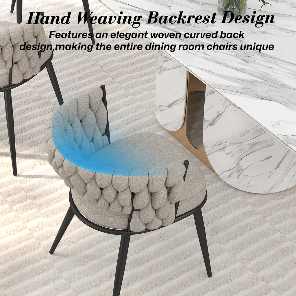 KCC Fabric Dining Chairs Set of 2, Modern Dining Chair with Metal Legs, Woven Upholstered Dining Chairs for Dining Room, Kitchen, Vanity, Living Room (Beige)