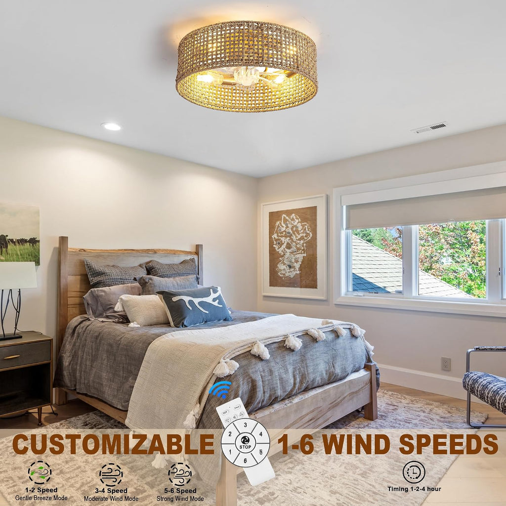 Fandelier Ceiling Fan with Light, 20 Inch Rattan Fans 。Remote Control ，Boho Caged，Handwoven，Flush Mount Low Profile 6 Speeds for Bedroom, Living Room,Dining Room.Yoga Room