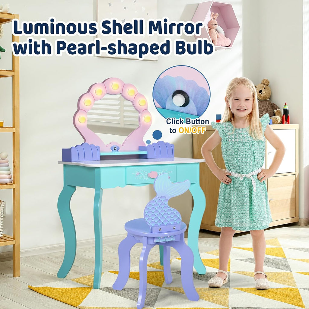 BRINJOY Kids Vanity with Lights, Wooden Princess Vanity for Girls, 2 in 1 Ocean Theme Toddler Dressing Table and Chair Set, Little Girl Makeup Vanity with Mirror for Children Birthday