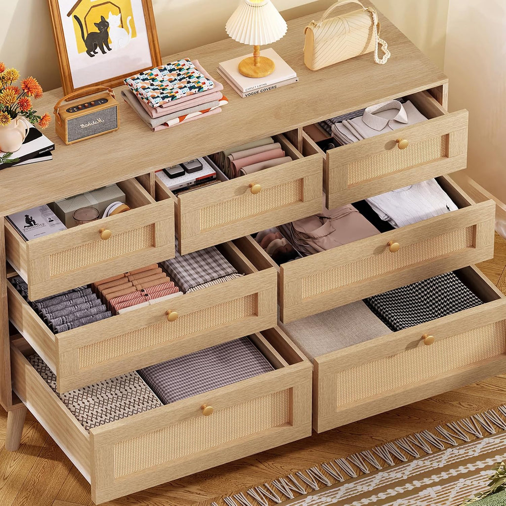 TEENFON Dresser for Bedroom, 47.2''Wide 7 Drawer Rattan Dresser, Wood Dressers TV Stand, Boho Dressers & Chests of Drawers for Bedroom, Entryway, Natural