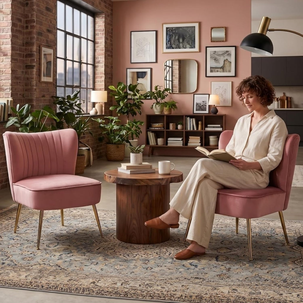 Velvet Accent Chairs Set of 2 Comfy Living Room Chair Armless Slipper Chair Mid Century Side Single Sofa Chair with Golden Legs Wingback for Bedroom Guest Room, Pink