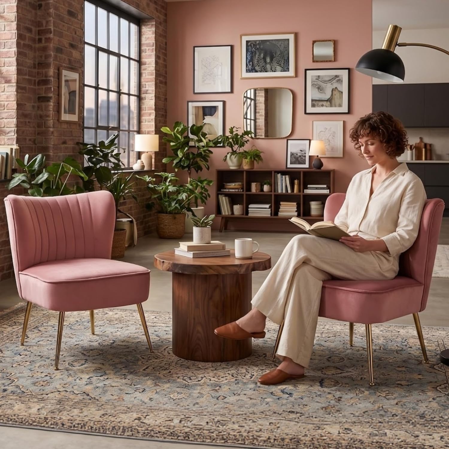 Velvet Accent Chairs Set of 2 Comfy Living Room Chair Armless Slipper Chair Mid Century Side Single Sofa Chair with Golden Legs Wingback for Bedroom Guest Room, Pink