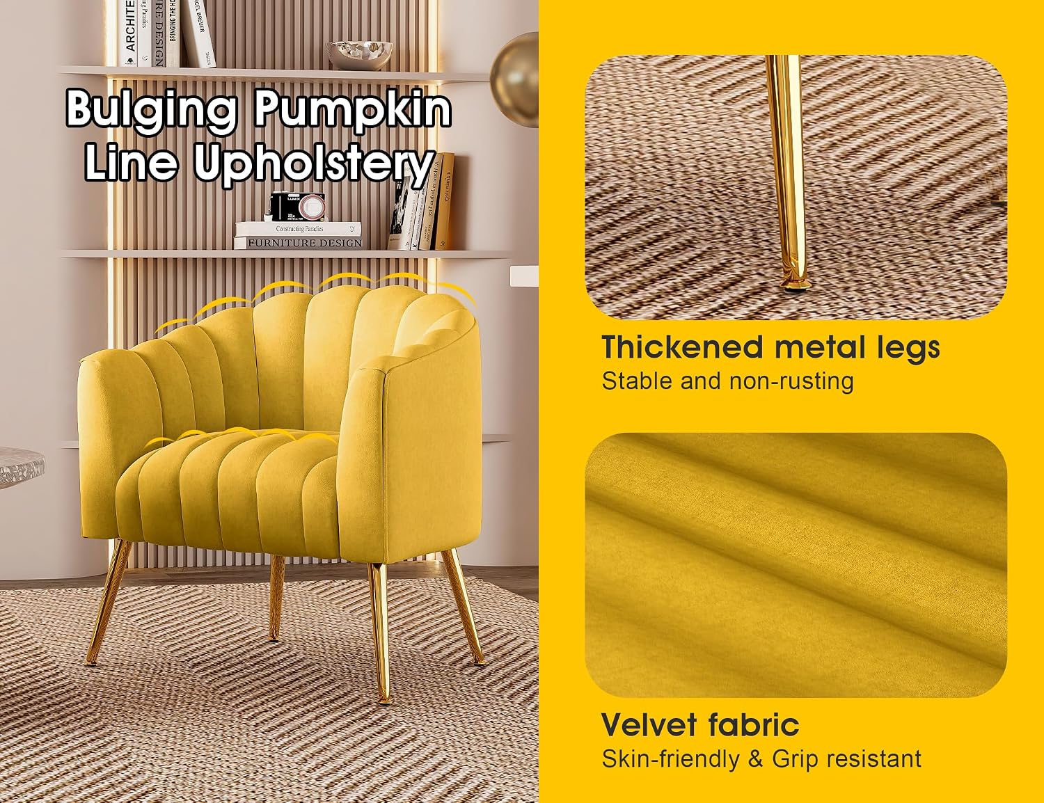Dewhut Oversized Pumpkin Couch Accent Chair, Modern Comfy Velvet Upholstered Barrel Chairs, Luxury Single Sofa Armchair for Living Room, Waiting Room, Office and Vanity, (Yellow)