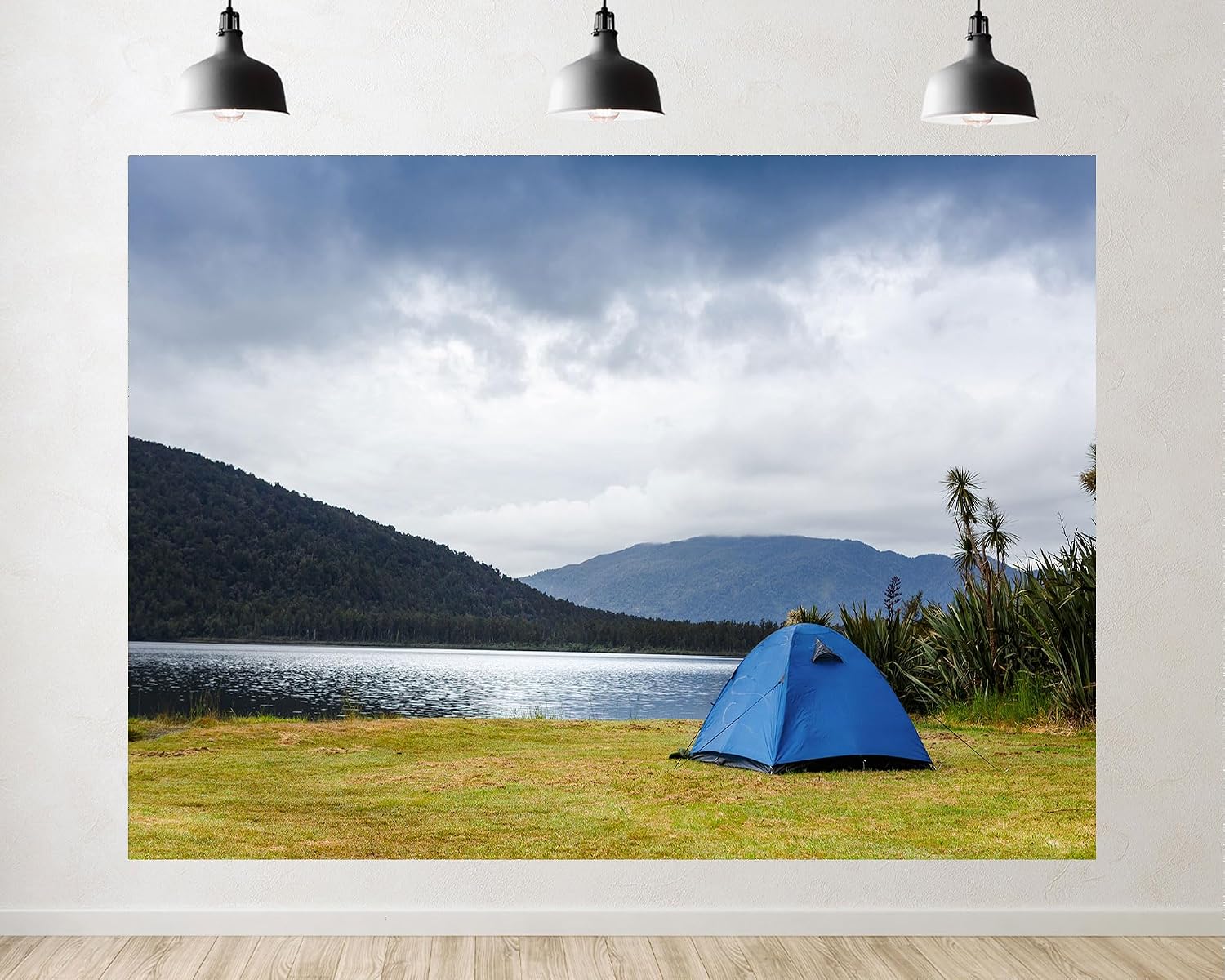 Trykid 20x10ft Lakeside Camping Tent Backdrop Blue Canopy Misty Peaks Photography Background Nature Retreat Tapestry Party Decoration Photo Studio Prop Fabric