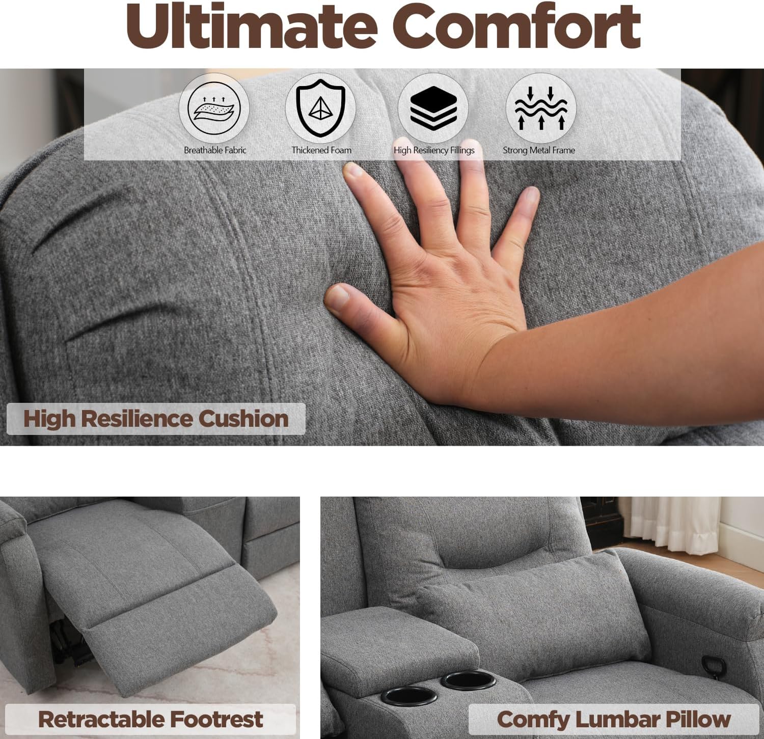 RV Loveseat Recliner with Console, Reclining Loveseat Sofa, Manual Home Theater Seating with Pockets/Cup Holders for Living Room/RV Furniture (Linen Ash)