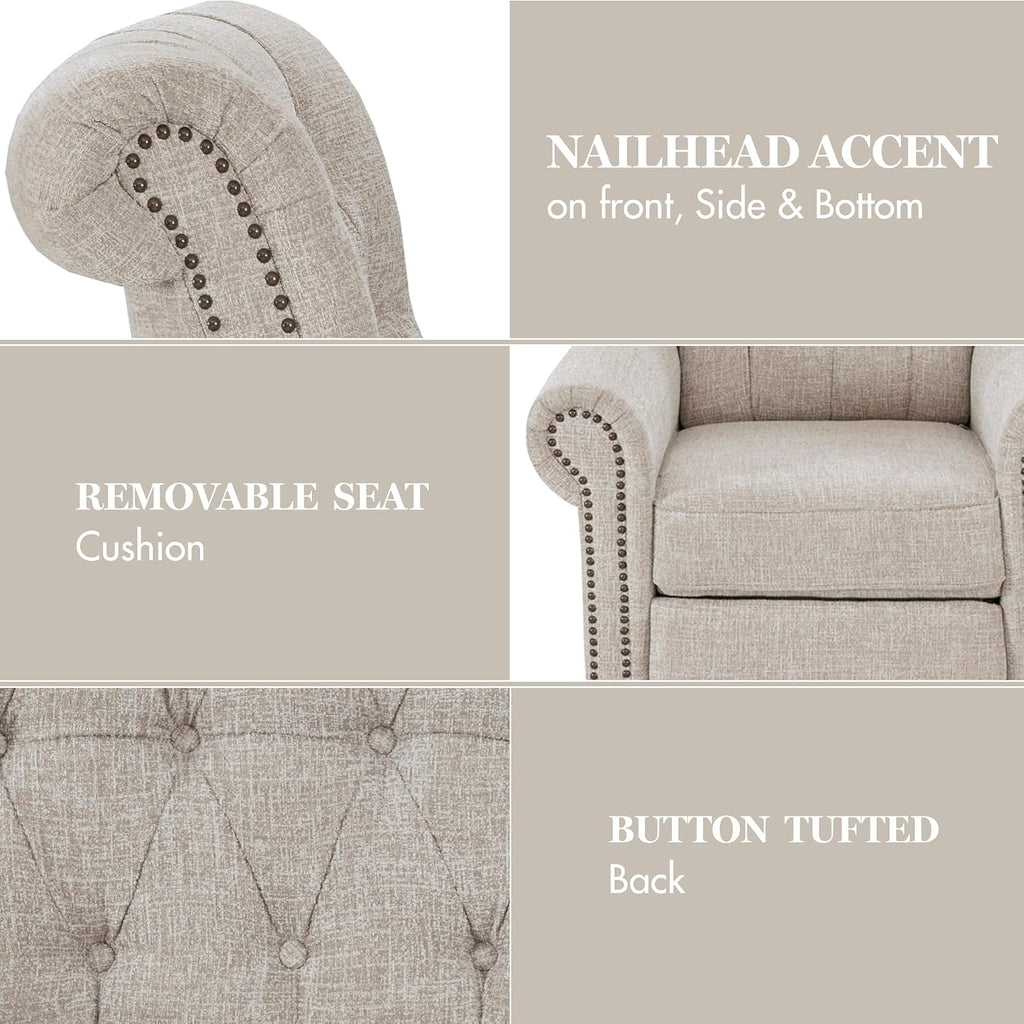 Madison Park Aidan Upholstered Manual Push Back Recliner Chair with Nailheads - Solid Wood, Plywood, Roled Back Button Tufted Accent Armchair Modern Classic Style Family Room Sofa Furniture, Cream