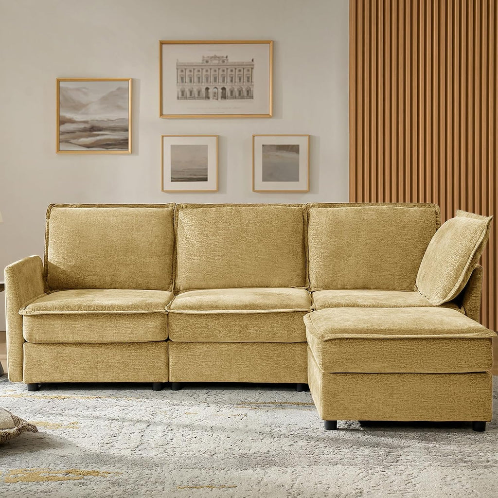 HULALA HOME 97'' Modular Sectional Sofa, L Shaped Couch with Storage Ottoman, Comfy Chenille Sofa with Deep Seat, 4 Seat Convertible Sectional Couches for Living Room, Cream