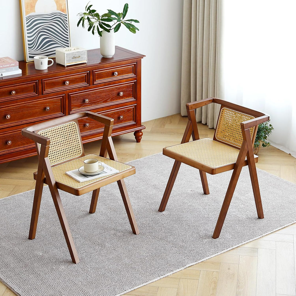 Furlide Rattan Dining Chairs Set of 2, Mid-Century Accent Armchair, Wicker Chair, Outdoor Bamboo Chair for Dining Room, Living Room, Bedroom, Kitchen, Walnut