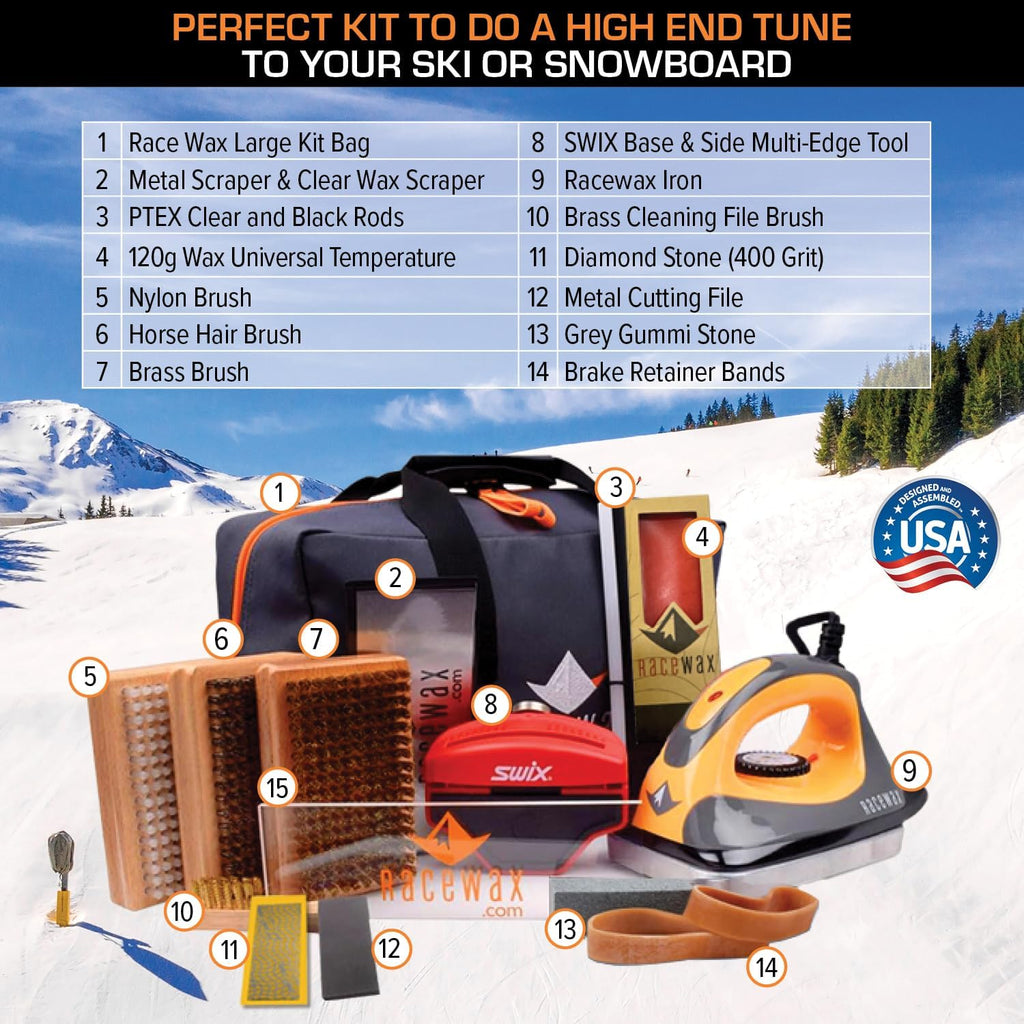 RaceWax Elite Ski Wax Tuning Kit + All Metal World Cup Ski Vise with Adapter for Snowboard