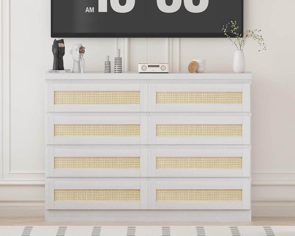 47 Inch Rattan 8 Drawer Dresser, Modern Farmhouse Chest of Drawers, Tv Stand Dresser Accent Furniture for Living Room, Bedroom, Entryway