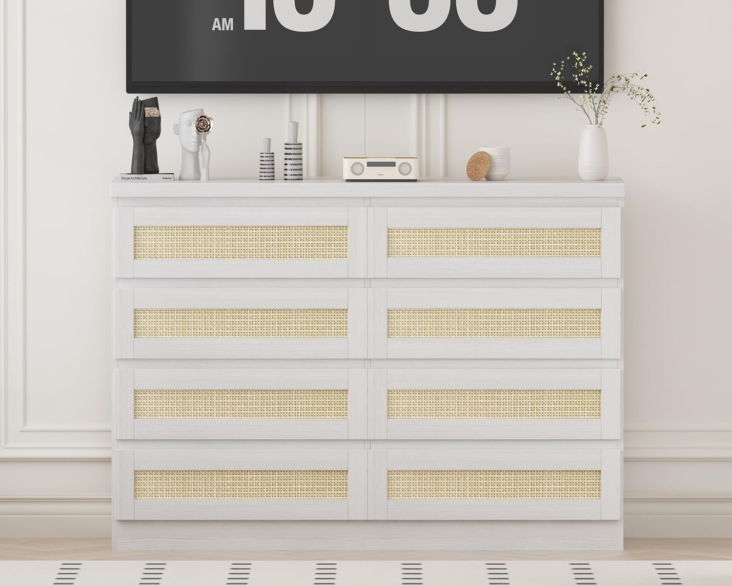 47 Inch Rattan 8 Drawer Dresser, Modern Farmhouse Chest of Drawers, Tv Stand Dresser Accent Furniture for Living Room, Bedroom, Entryway