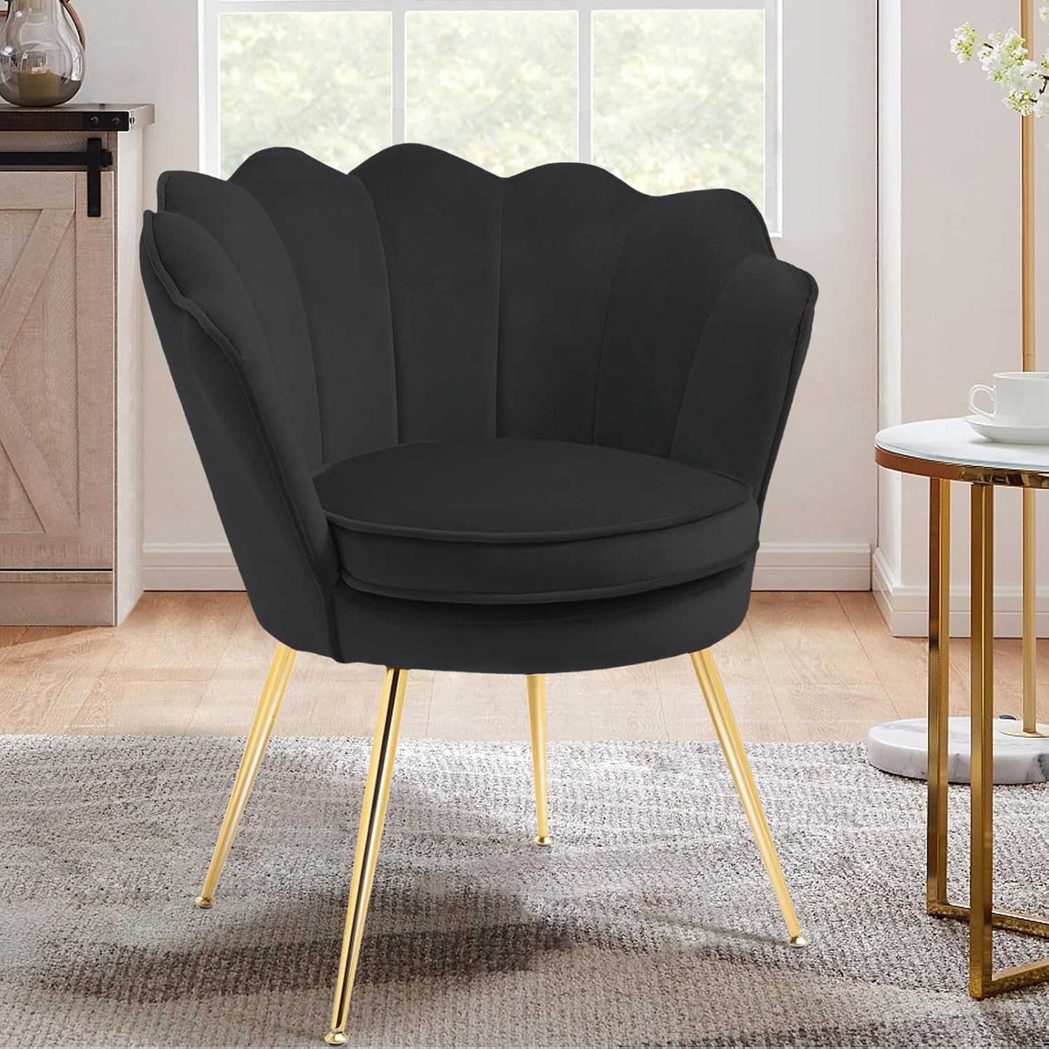 Czlolo Accent Chairs Set of 2 for Living Room, Velvet Upholstered Makeup Room Vanity Chair with Back, Golden Metal Legs Small Accent Side Chair for Bedroom, Cloud Chair Set, 2 Pcs Black