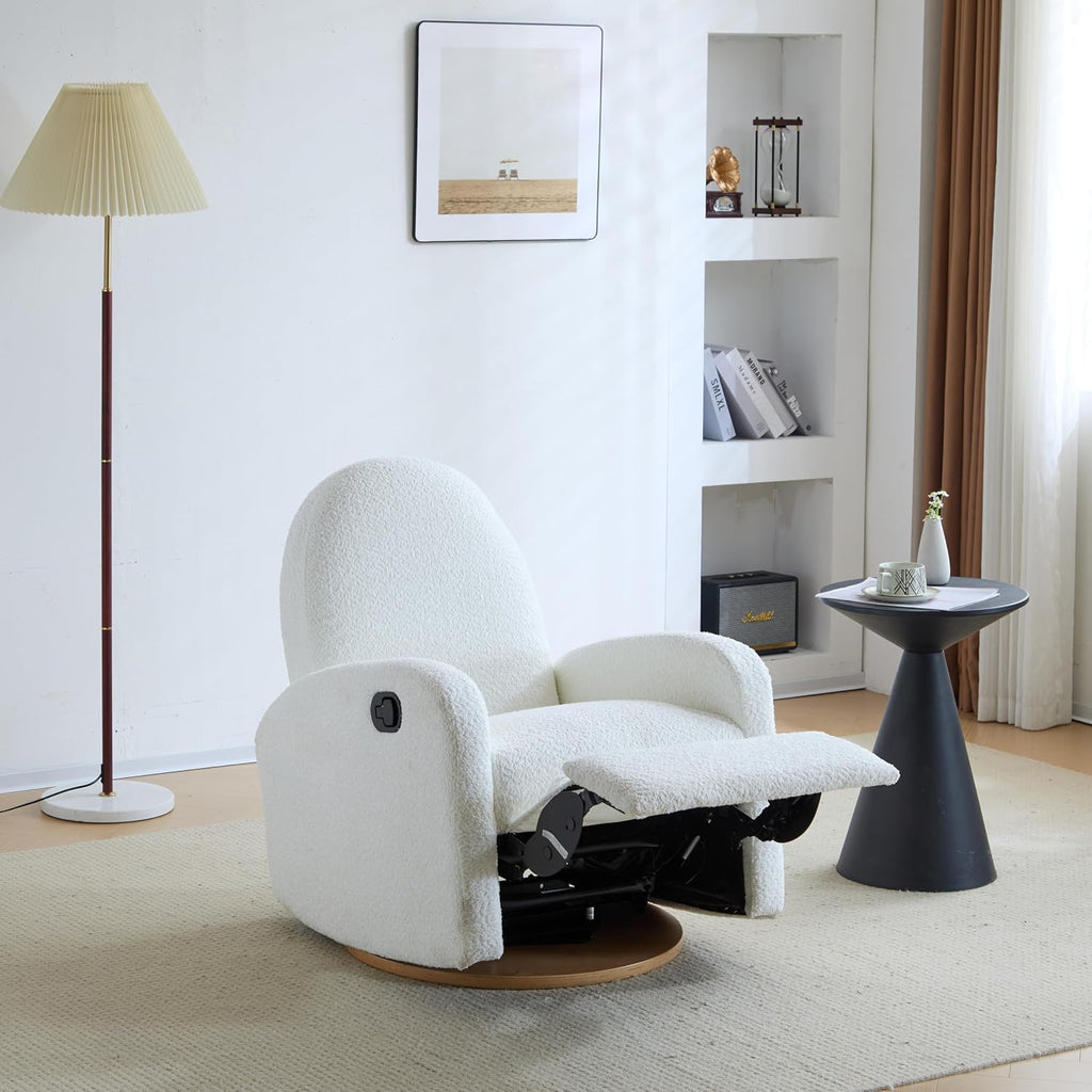 Christopher Knight Home Sidney Boucle Fabric Upholstered 360° Swivel Chair, Push-Back Recliner, Solid Wood Glider Recliner with Rotation, Living Room Lounge Chair, Adjustable Backrest, Milky White