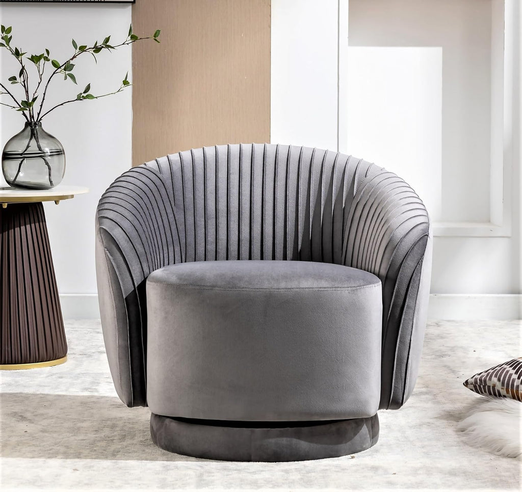 Container Furniture Direct Modern Barrel Swivel Chair with Plush Velvet Upholstery and Smooth 360° Rotation, Round Accent One-Seater Sofa for Living Room, Bedroom, and Office, Grey