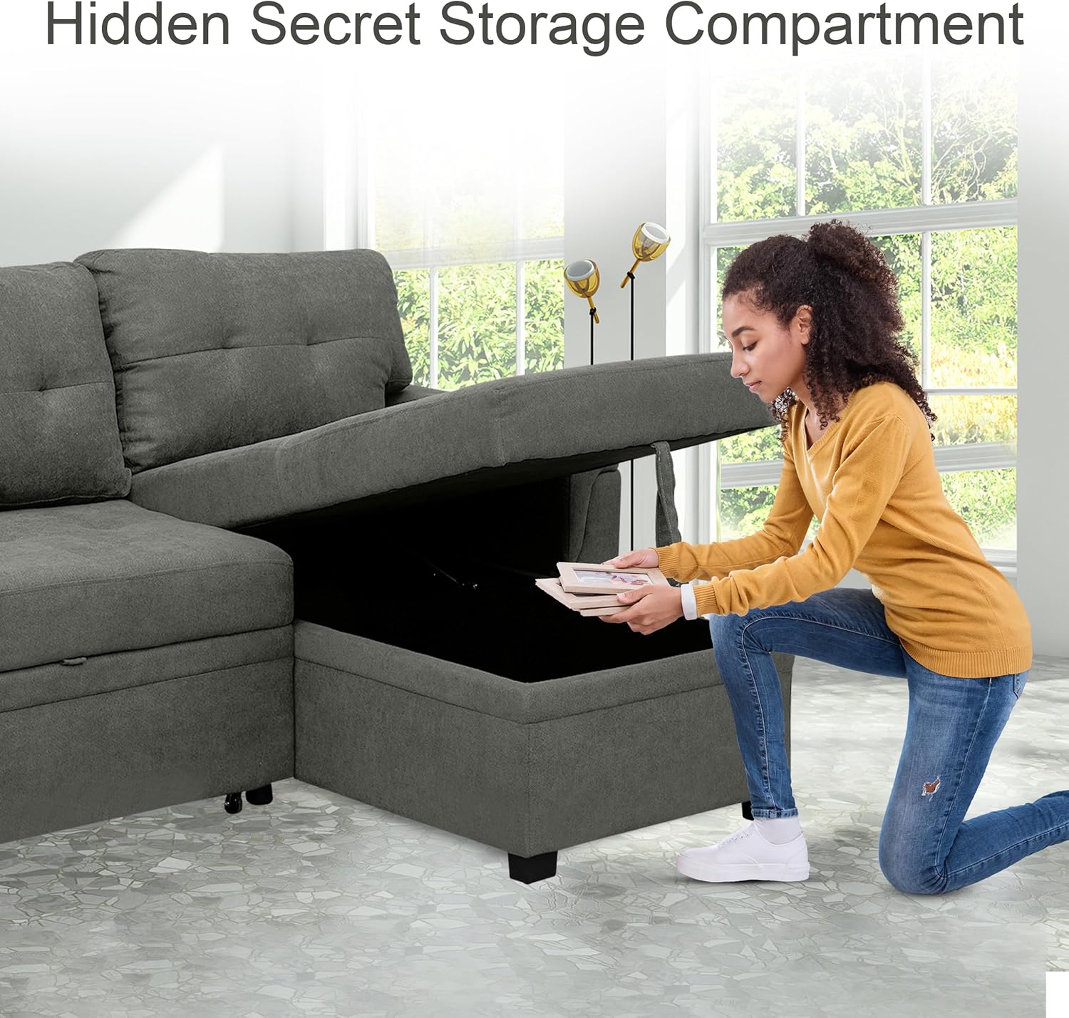 Naomi Home L Shaped Sectional Couch with Storage & Pull Out Bed – 3-in-1 Convertible Sleeper Sofa Bed, Small L Shape Sofa for Living Room, Sofa Bed with Storage Chaise in Gray, Velvet