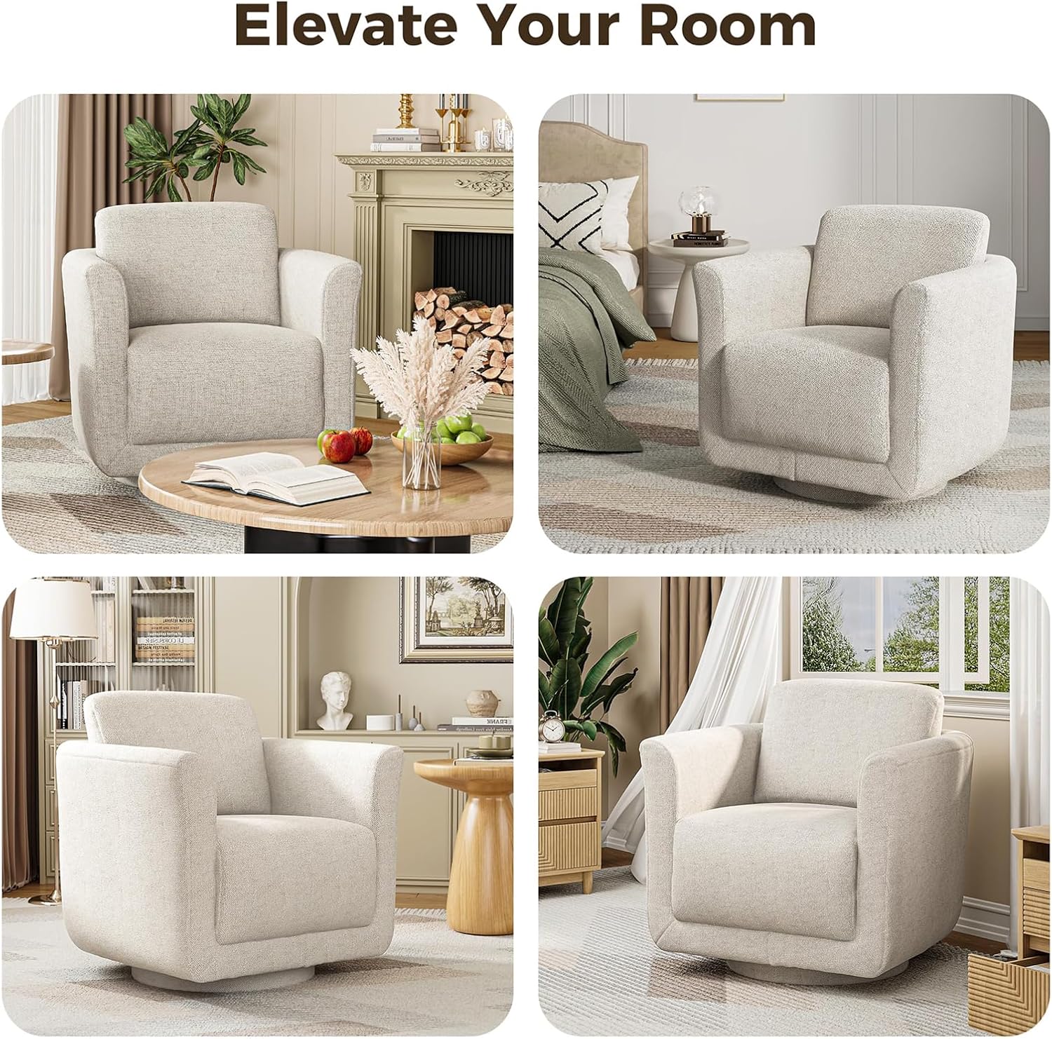 Swivel Accent Chair, 360° Chenille Barrel Swivel Chair for Living Room, Reading Nook Chair for Bedroom Small Spaces, Fully Assembled, Cream