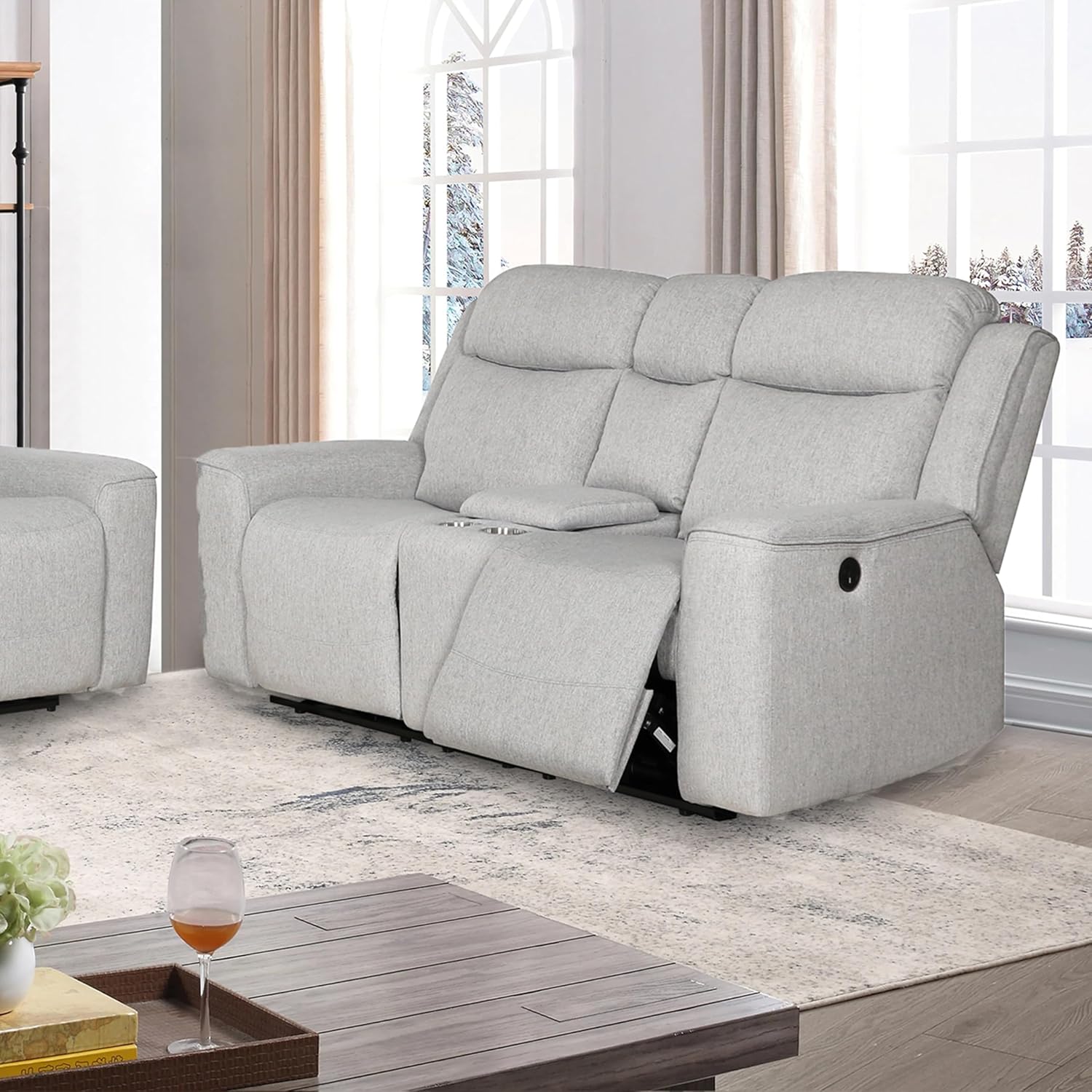 AC Pacific Amelia Upholstered Recliner Loveseat with Storage Console and Cup Holders, Living Room Furniture with Stylish, Comfortable, and Versatile Design for Modern Homes, White