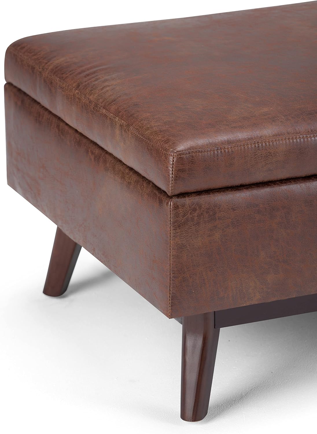 SIMPLIHOME Owen Coffee Table Storage Ottoman - 34' Wide x 19' High Upholstered Vegan Leather Rectangular Lift-Top Ottoman in Distressed Saddle Brown, Mid-Century Modern Bench with Tapered Legs