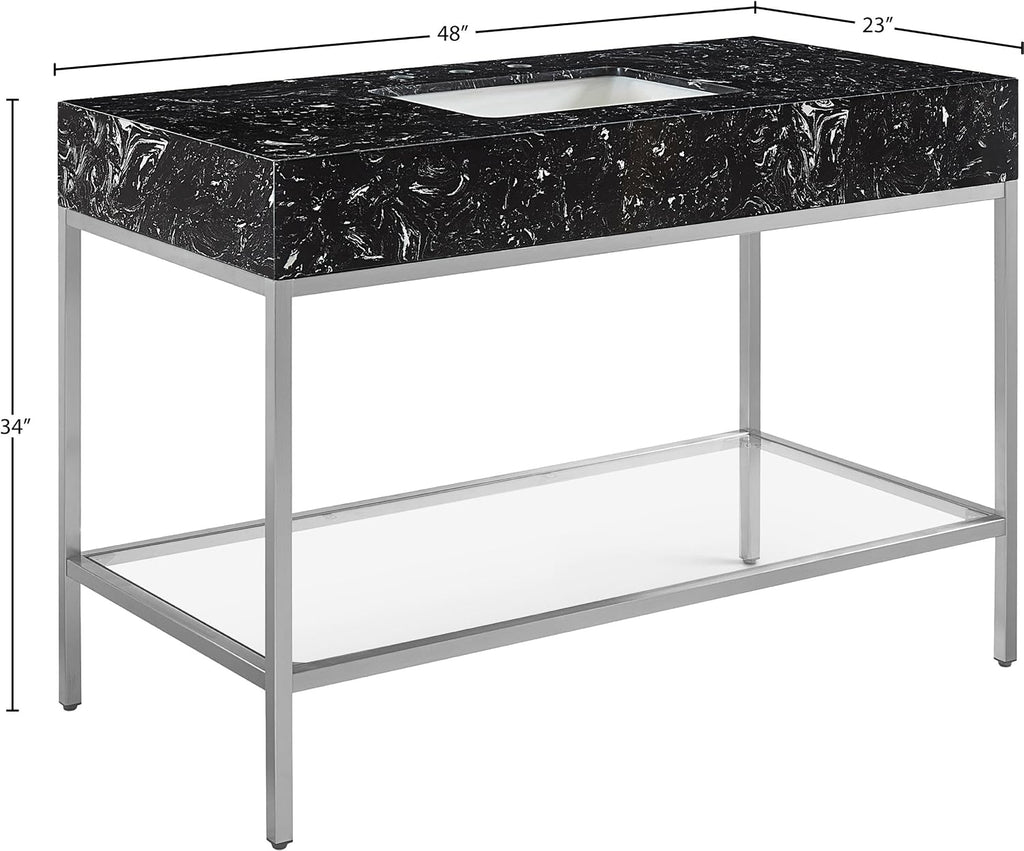 Meridian Furniture 408Black-48 Marmo Collection Modern | Contemporary Bathroom Vanity with Black Engineered Stone with White Veining, Brushed Chrome Stailness Steel Base, 48' W x 23' D x 34' H, Black