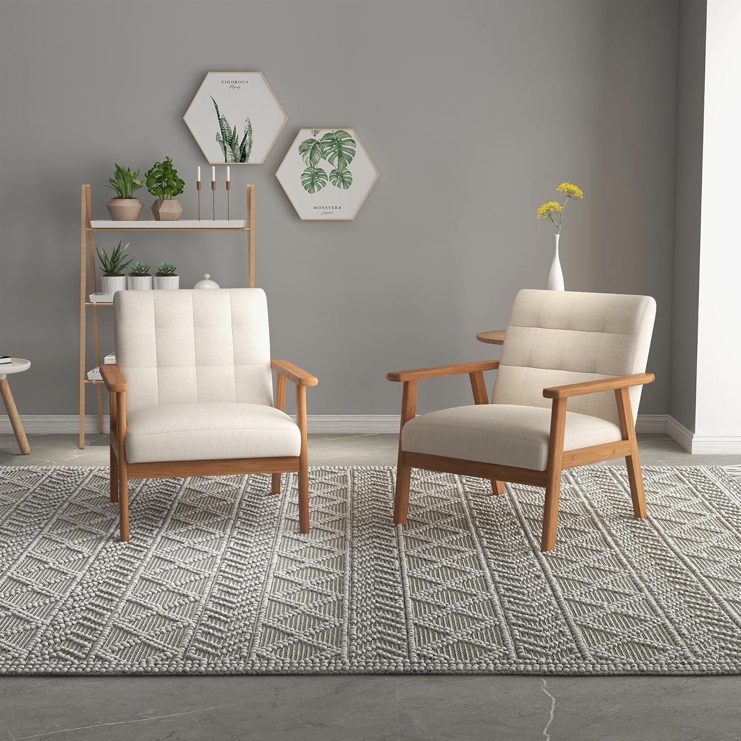 Westice Accent Chair 1PC, Mid-Century Modern Living Room Chairs with Solid Wood Frame & Soft Thicken Cushion, Upholstered Reading Arm Chair for Bedroom, Balcony, Beige Linen Fabric & Natural Legs