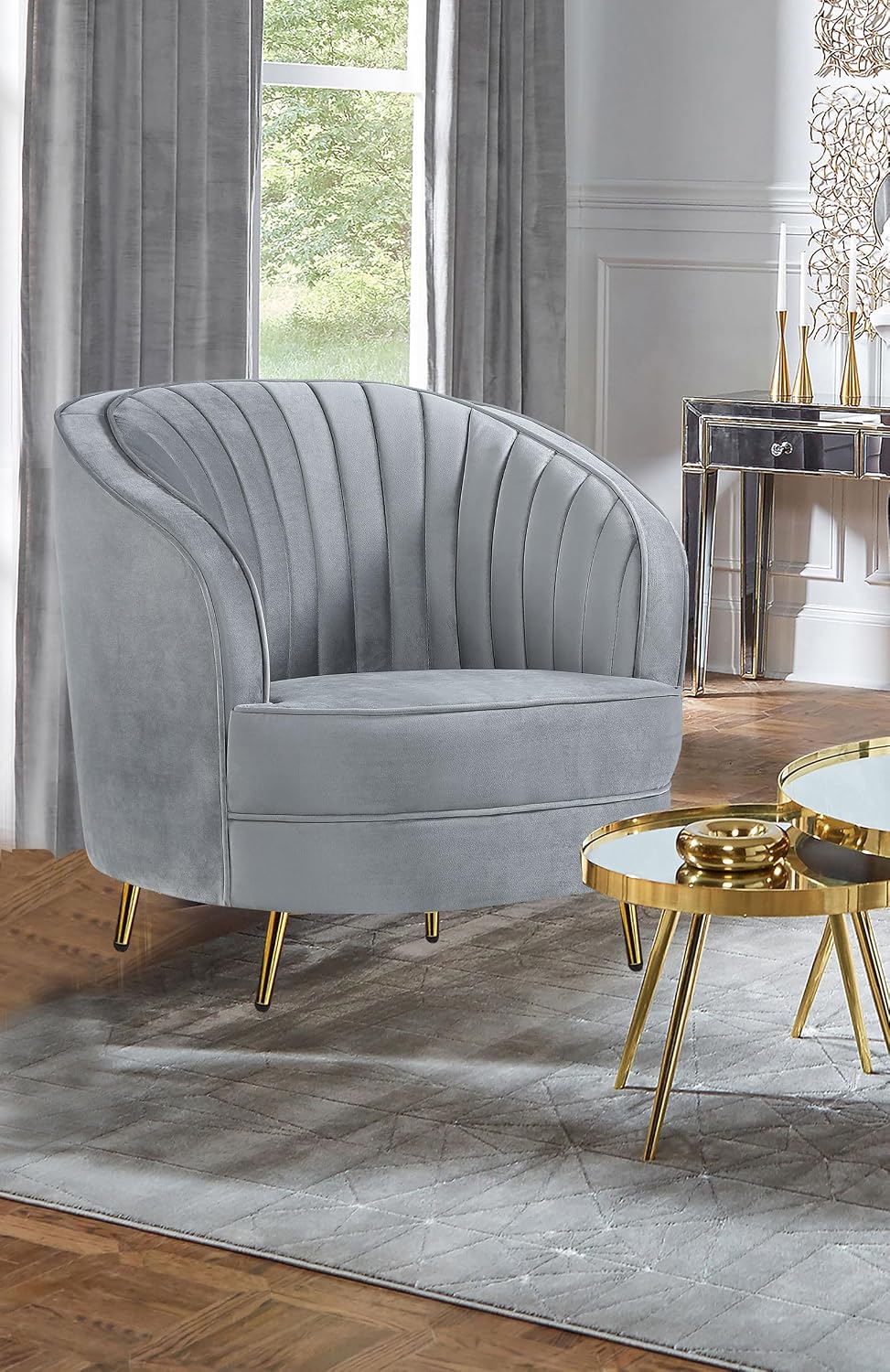 Coaster Home Furnishings - Sophia - Channel Tufted Barrel Accent Chair with Gray Velvet Upholstery, Foam Cushion, Gold Legs and Vertical Channel Tufting - Living Room - Gray - 506866