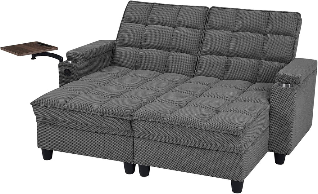 Eafurn Double Chaise Lounge Convertible Sleeper Chair Sofabed W/Storage and 6-Position Reclining Backrest, Modern Tufted Recliner Lounge Chaise Couch with Swivel Table & USB for Living Room