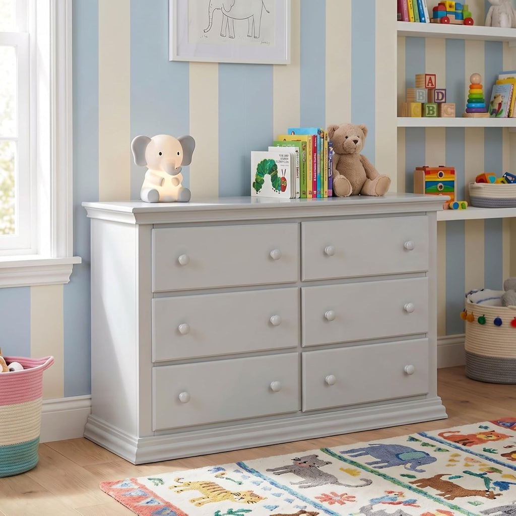 Suite Bebe Universal 6‑Drawer Hardwood Double Dresser, Fully Assembled Wooden Storage Chest with Anti‑Tip Kit for Nursery & Bedroom, Gray
