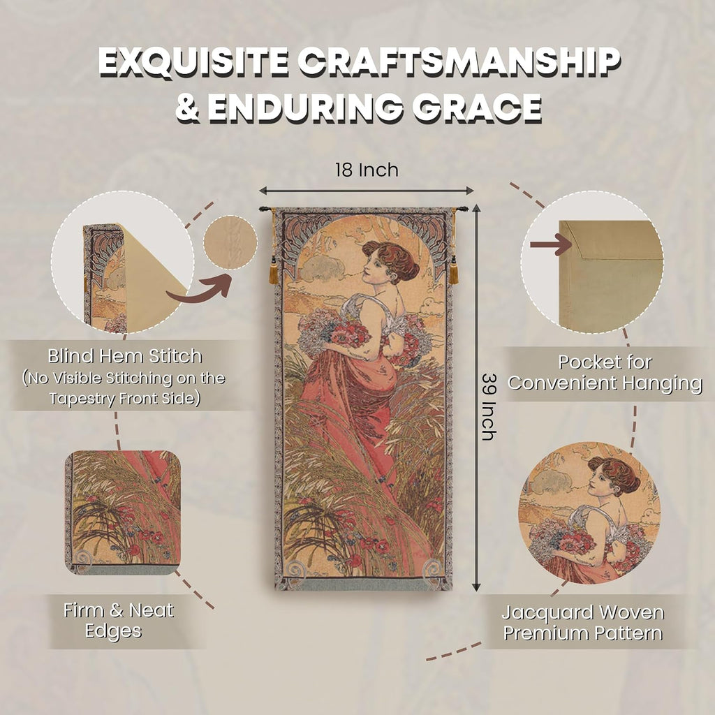Charlotte Home Furnishings Inc - Mucha Summer Belgian Premium Tapestry Wall Hanging | 39x18 in Viscose Polyester Blend Boho Vintage Woven Wall Tapestry for Home & Wall Art by Alphonse Mucha