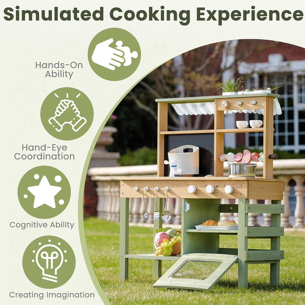 ROBOTIME Wooden Mud Kitchen for Kids, Outdoor Playset with Sink, BBQ Grill, Coffee Maker, Planting Area & Oven, Pretend Play Mud Kitchen Toy for 3+ Years Old Children