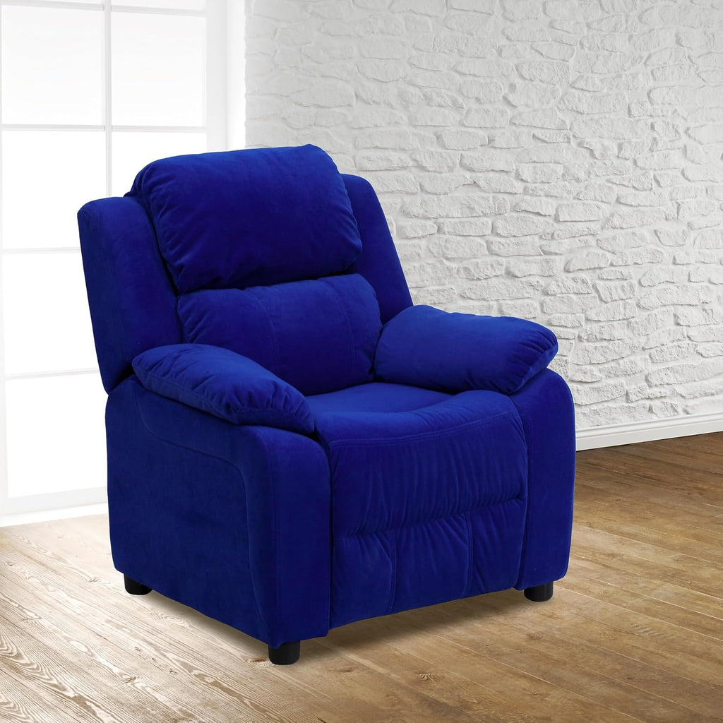 Flash Furniture Charlie Microfiber Kids Recliner with Flip-Up Storage Arms and Safety Recline, Contemporary Reclining Chair for Kids, Supports up to 90 lbs., Blue