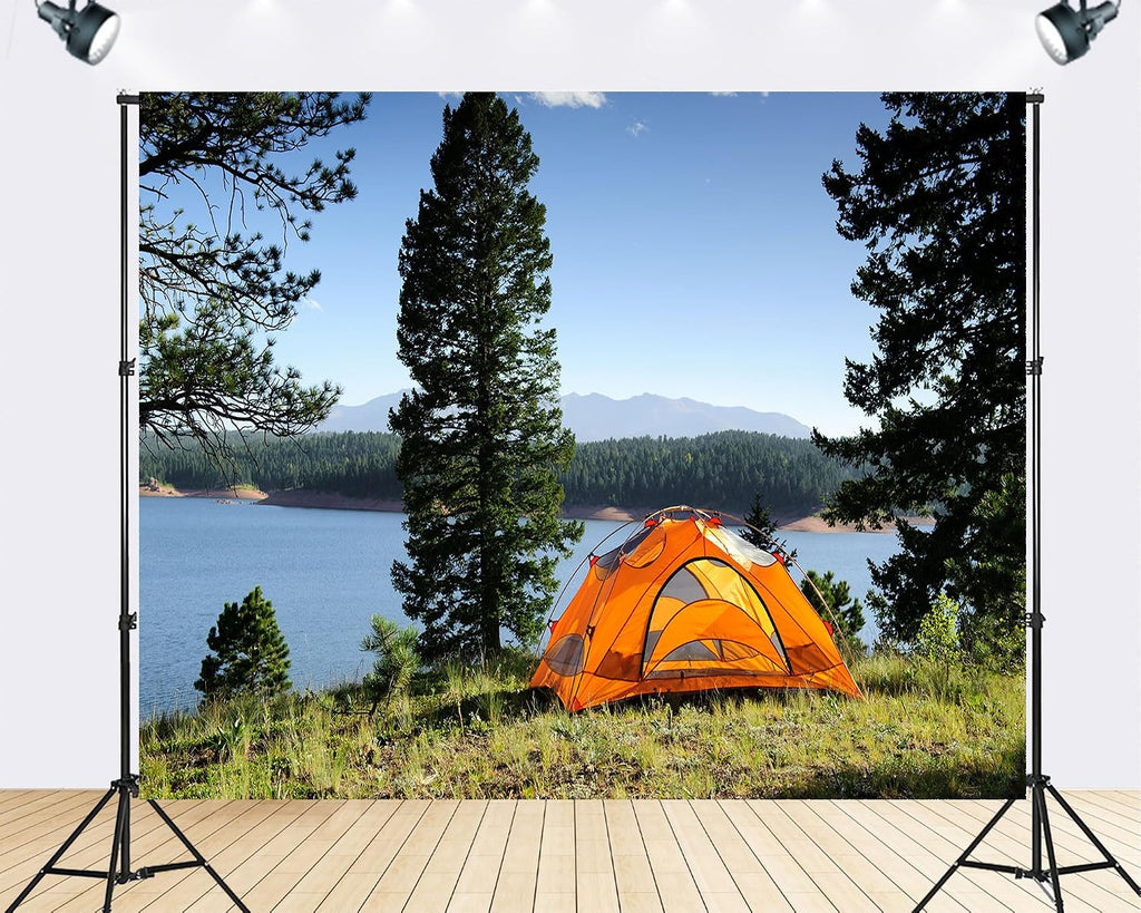 Trykid 20x10ft Orange Tent Lake Mountain Forest Backdrop Nature Scenic Wilderness Camping Photography Background Outdoor Adventure Tapestry Party Decoration Photo Studio Prop Fabric