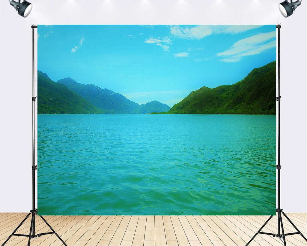 Trykid 20x10ft Green Mountain Lake Backdrop Lush Forested Valley Nature Landscape Photography Background Hiking Camping Party Decoration Tapestry Photo Studio Prop Fabric