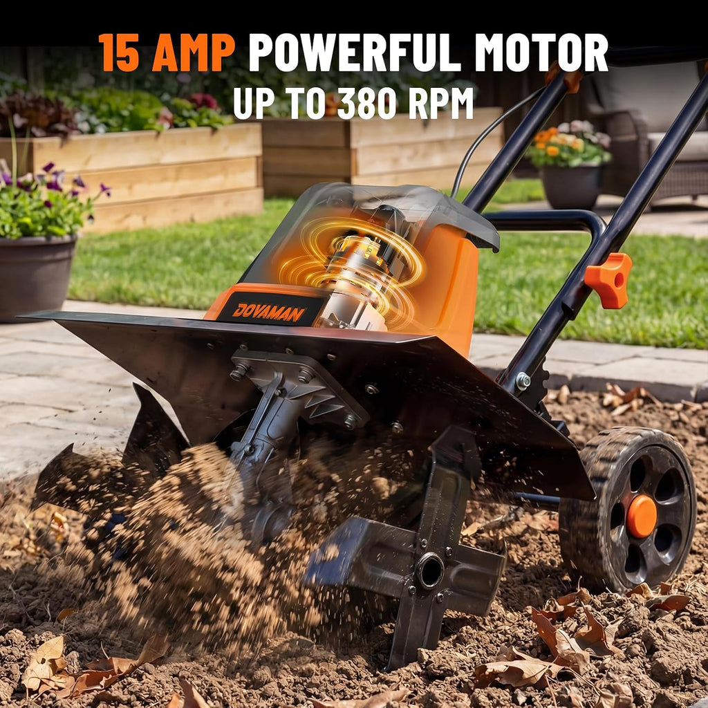 DOVAMAN 18-Inch Electric Garden Tiller, 15-Amp Corded Cultivator with Up to 9-Inch Tilling Depth, 4-Position Adjustable Wheels & Foldable Handle for Soil Preparation