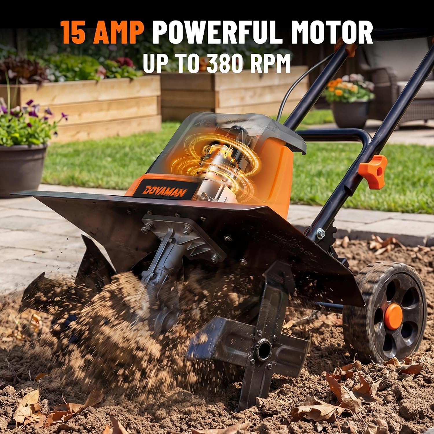 DOVAMAN 18-Inch Electric Garden Tiller, 15-Amp Corded Cultivator with Up to 9-Inch Tilling Depth, 4-Position Adjustable Wheels & Foldable Handle for Soil Preparation