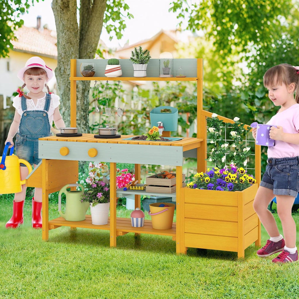 Costzon Mud Kitchen, Wooden Kids Potting Bench w/Removable Faucet, Sink, Stoves, Rotation Knobs, Planter Boxes, Trellis & Cooking Accessories, Mud Kitchen for Kids Outdoor 3-8 (Yellow)