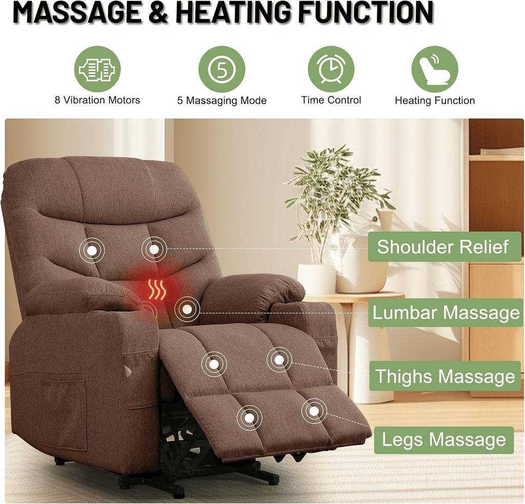 Korser Power Recliner Chair with Massage and Heating, Power Lift Recliner Chair for Elderly and Adults, Electric Recliner with Remote Control and Cup Holders for Living Room, Linen Fabric, Brown