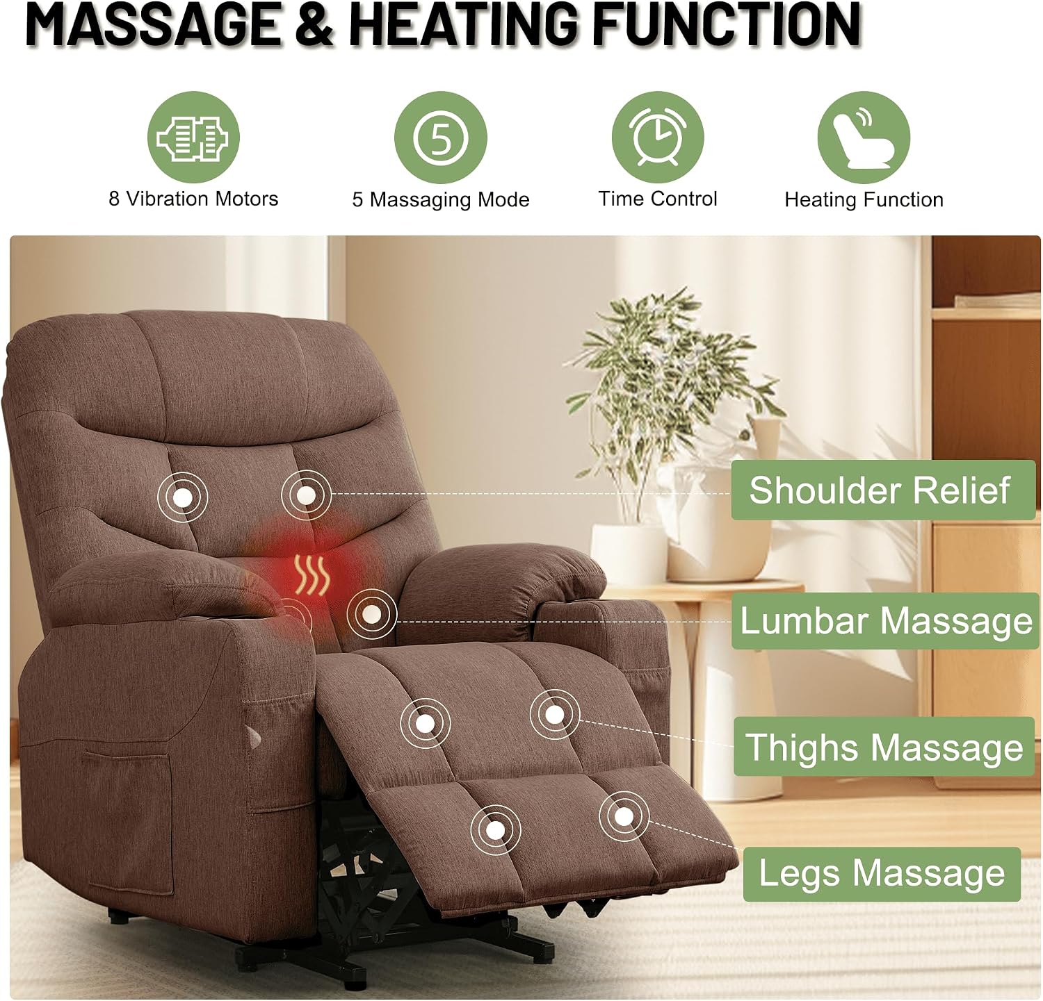 Korser Power Recliner Chair with Massage and Heating, Power Lift Recliner Chair for Elderly and Adults, Electric Recliner with Remote Control and Cup Holders for Living Room, Linen Fabric, Brown