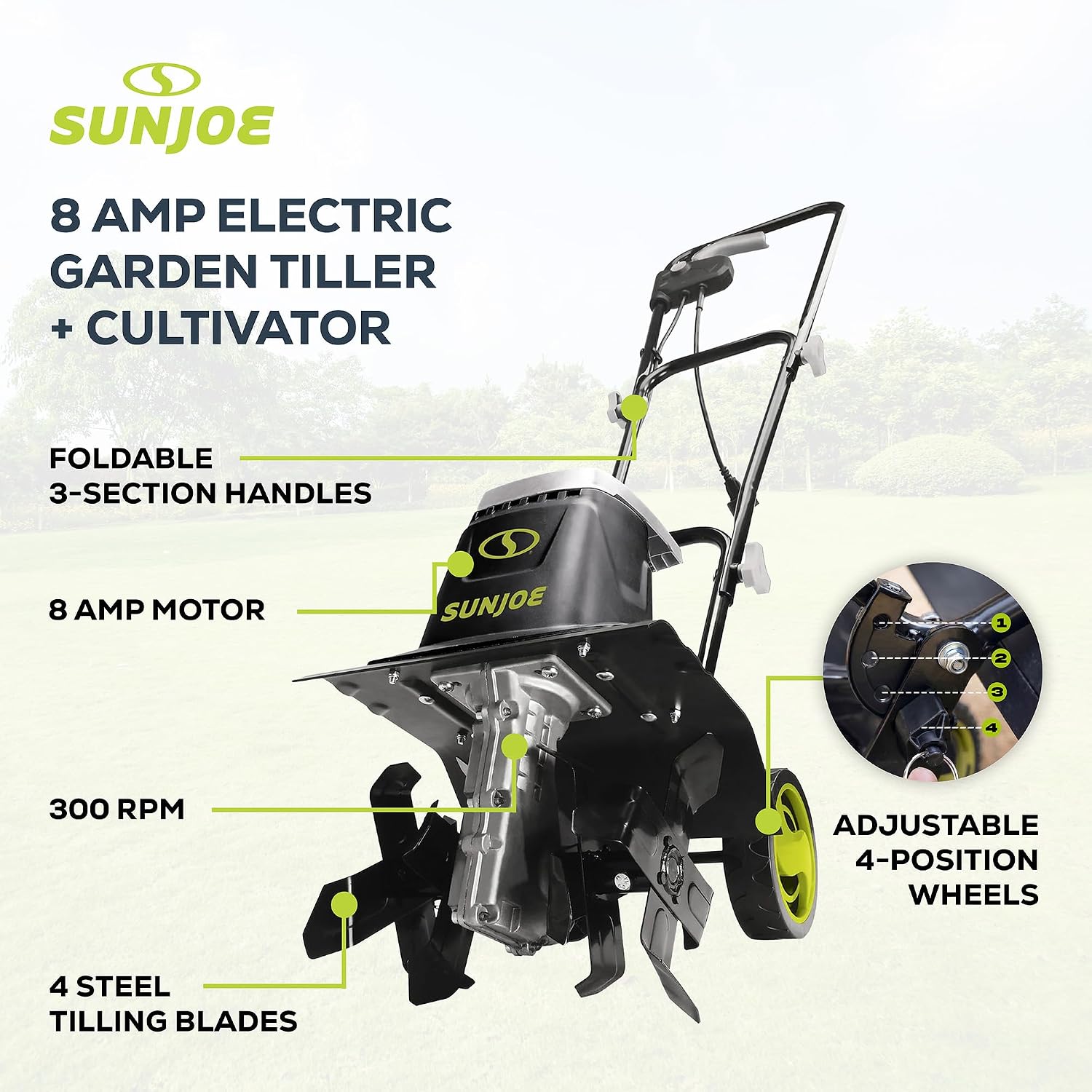Sun Joe Electric Garden Tiller and Cultivator with 3 Position Height Adjustment Maximum 12-inch Cultivating Width and 8 Amp Motor, TJ602E