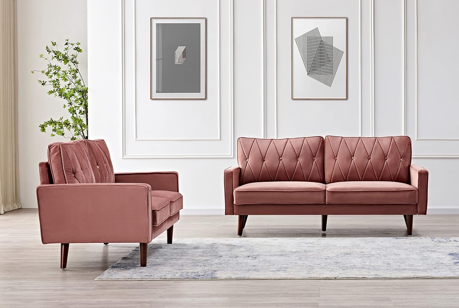 Container Furniture Modern Style Tufted Velvet Couches for Living Room with Soft Fabric Upholstery and Solid Wood Frame, 2 Piece Sofa and Loveseat Set, Rose