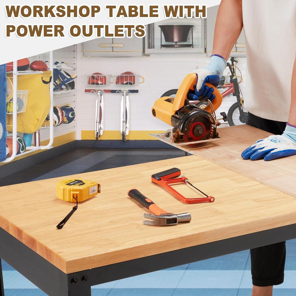 HABUTWAY Height Adjustable Workbench 48'x 24' 2000 Lbs Capacity Solid Wood Work Station Heavy-Duty Work Tables with Power Outlets for Garage Party Shop Office