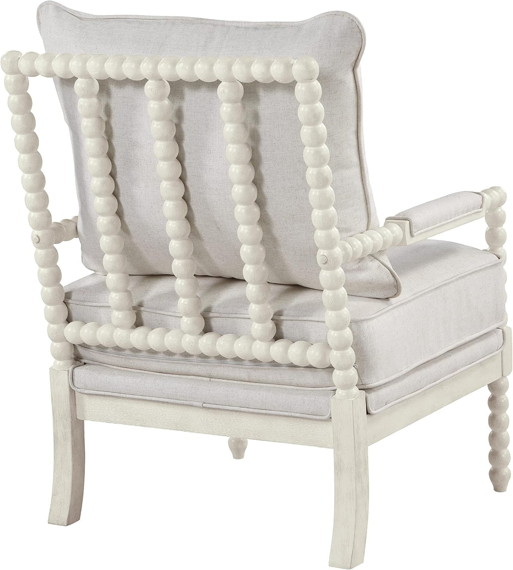 OSP Home Furnishings Kaylee Spindle Accent Chair with Antique White Wood Frame, White Linen Fabric